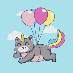 cute cat unicorn with balloons helium in the sky vector illustration design