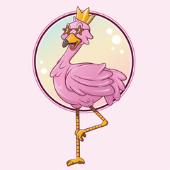 Cute pink flamingo with golden crown in round frame. Vector illustration.