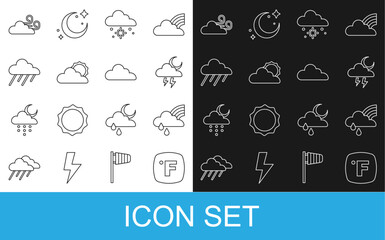 Set line Fahrenheit, Rainbow with cloud and rain, Storm, Cloud snow, Sun weather, Windy and icon. Vector