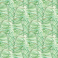 Fototapeta na wymiar Watercolor seamless pattern with tropical palm leaves. Jungle. Plant. Nature. Use for covers, textiles, wallpaper, paper.