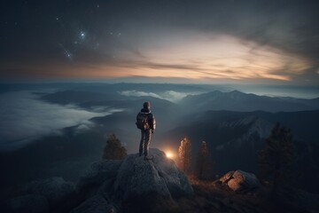 Obraz premium A Person Standing On A Mountain Top Looking At The Sky And Stars Mountain Vista At Dusk Long Exposure Photography Landscape Photography Generative AI