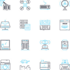 Electronic items linear icons set. Smartph, Laptop, Tablet, Smartwatch, TV, Headphs, Earbuds line vector and concept signs. Speakers,Router,Modem outline illustrations