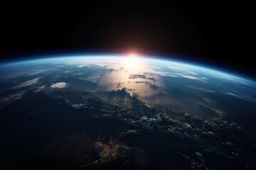 Fototapeta na wymiar Sunrise view of the planet Earth from space with the sun setting over the horizon. Generative AI
