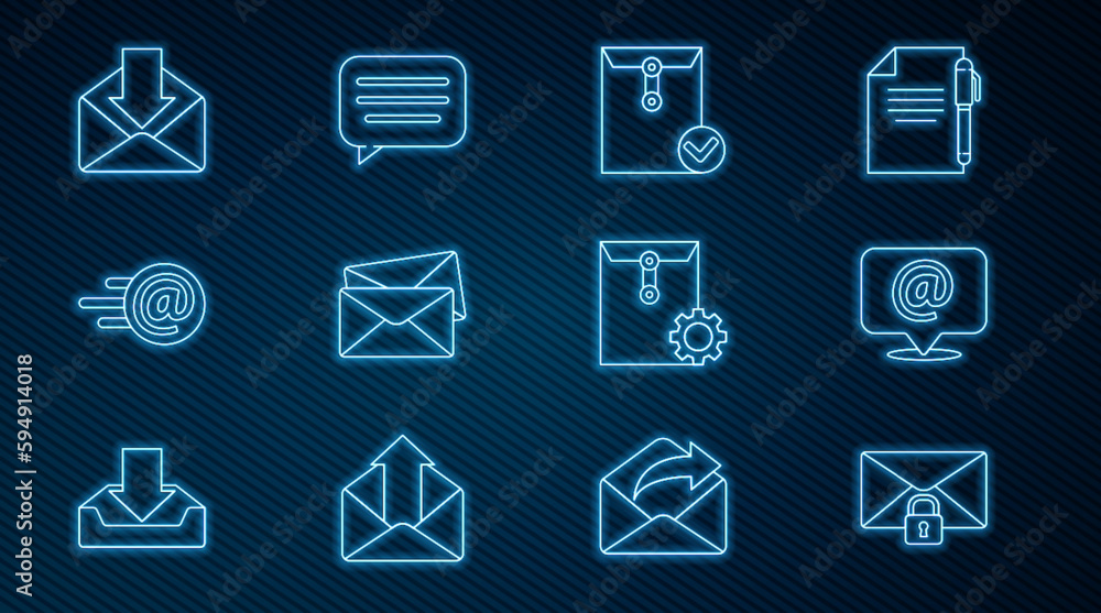 Poster set line mail message lock password, and e-mail on speech bubble, envelope check mark, setting and s
