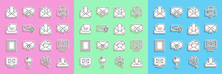 Set line Download inbox, Monitor and envelope, Envelope with star, shield, Drawer document, and Outgoing mail icon. Vector