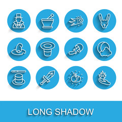 Set line Magic hat and wand, Medieval sword, Magician, Poison apple, Hand holding fire, Moon stars and Psilocybin mushroom icon. Vector