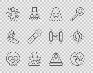 Fototapeta premium Set line Skull, Moon and stars, Ghost, Witch, Voodoo doll, Bottle with potion, Masons and Magic stone icon. Vector