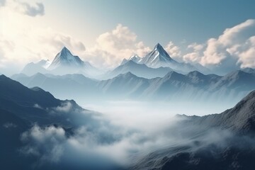 Fototapeta na wymiar Fantasy mountain landscape with clouds and fog. 3D illustration. Generative AI