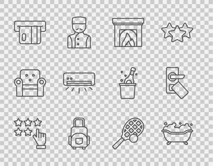 Set line Stars rating, Bathtub, Interior fireplace, Suitcase, Credit card, Air conditioner, Tennis racket with ball and Digital door lock icon. Vector