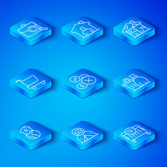 Set line Shelter for homeless, No money, Tourist tent, Trash can, Homeless cardboard house, Shopping cart, Work search and Searching food icon. Vector