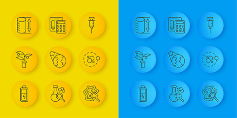 Set line Battery, Plant breeding, Earth globe, Microorganisms under magnifier, Atom, Height geometrical figure, Syringe and Calculator icon. Vector