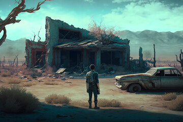 Post-apocalypse: The End of the World. The terribly ruined landscape with survivor | Generative AI Production