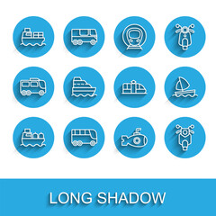 Set line Oil tanker ship, Bus, Cargo with boxes delivery, Submarine, Scooter, Cruise, Yacht sailboat and Tram and railway icon. Vector