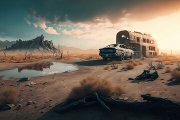 Post-apocalypse: The End of the World. Rusty car and terribly ruined landscape | Generative AI Production