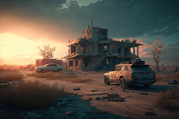 Post-apocalypse: The End of the World. Rusty car and terribly ruined landscape | Generative AI Production