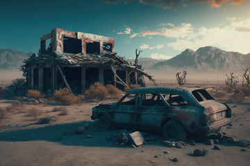 Post-apocalypse: The End of the World. Rusty car and terribly ruined landscape | Generative AI Production