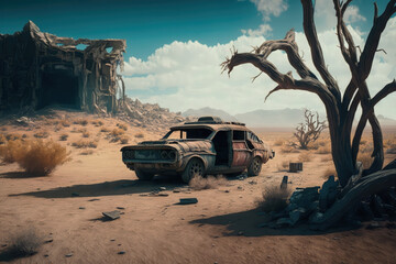 Post-apocalypse: The End of the World. Rusty car and terribly ruined landscape | Generative AI Production