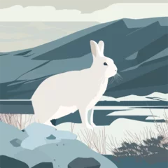 Foto op Aluminium Arctic hare in snowy tundra. Arctic animals in natural habitat. Flat vector illustration concept. Generative AI © Malchevska Studio