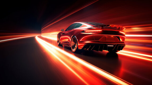 Futuristic Sports Car On Neon Highway. Powerful acceleration of a supercar with colorful lights trails. generative AI.