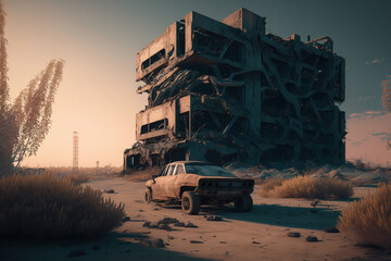 Post-apocalypse: The End of the World. Rusty car and terribly ruined landscape | Generative AI Production
