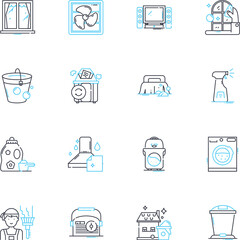 Maid service linear icons set. Cleaning, Housekeeping, Dusting, Sweeping, Mopping, Vacuuming, Tidying line vector and concept signs. Organizing,Disinfecting,Sanitizing outline illustrations