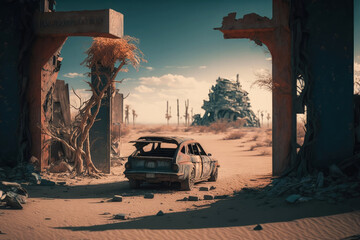 Post-apocalypse: The End of the World. Rusty car and terribly ruined landscape | Generative AI Production