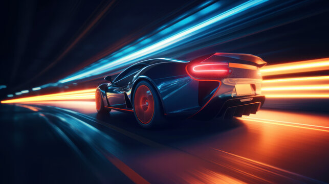 Futuristic Sports Car On Neon Highway. Powerful acceleration of a supercar with colorful lights trails. generative AI.
