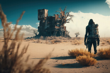 Post-apocalypse: The End of the World. The terribly ruined landscape with survivor | Generative AI Production