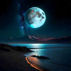 Moon over mountains in the night sky created with Generative AI technology