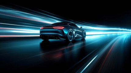 Futuristic Sports Car On Neon Highway. Powerful acceleration of a supercar with colorful lights trails. generative AI.