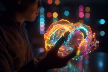 Fototapeta premium A Person Holding A Glowing Object In Their Hand In Front Of A Blurry Background Aquarium Kinetic Art Augmented Reality Generative AI