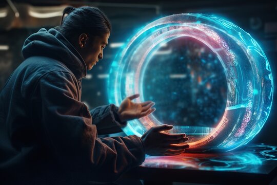 A Man In A Hooded Jacket Is Touching A Glowing Object In A Dark Room Conference Room Animation Augmented Reality Generative AI