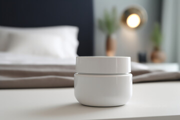 Fototapeta na wymiar White and blank, unbranded cosmetic cream jar standing on the table at home. Skin care product presentation. Skincare, beauty and spa. Jar with copy space, moisturizer. Generative AI.