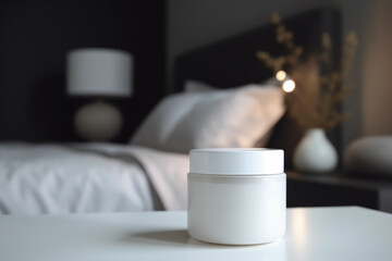 Fototapeta na wymiar White and blank, unbranded cosmetic cream jar standing on the table at home. Skin care product presentation. Skincare, beauty and spa. Jar with copy space, moisturizer. Generative AI.