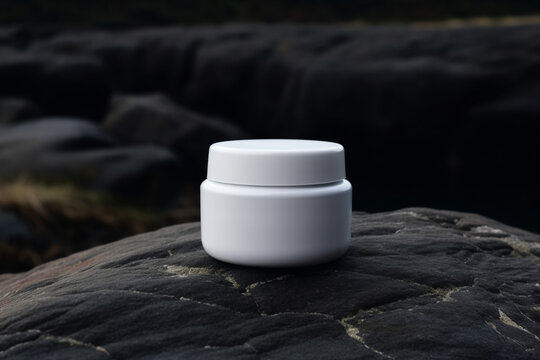 White and blank, unbranded cosmetic cream jar standing outdoors, on the rocks. Skin care product presentation. Skincare, beauty and spa. Jar with copy space, moisturizer. Generative AI. © Kassiopeia 