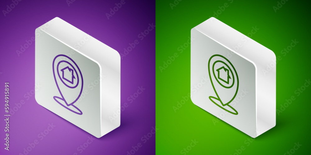 Poster Isometric line Map pointer with house icon isolated on purple and green background. Home location marker symbol. Silver square button. Vector