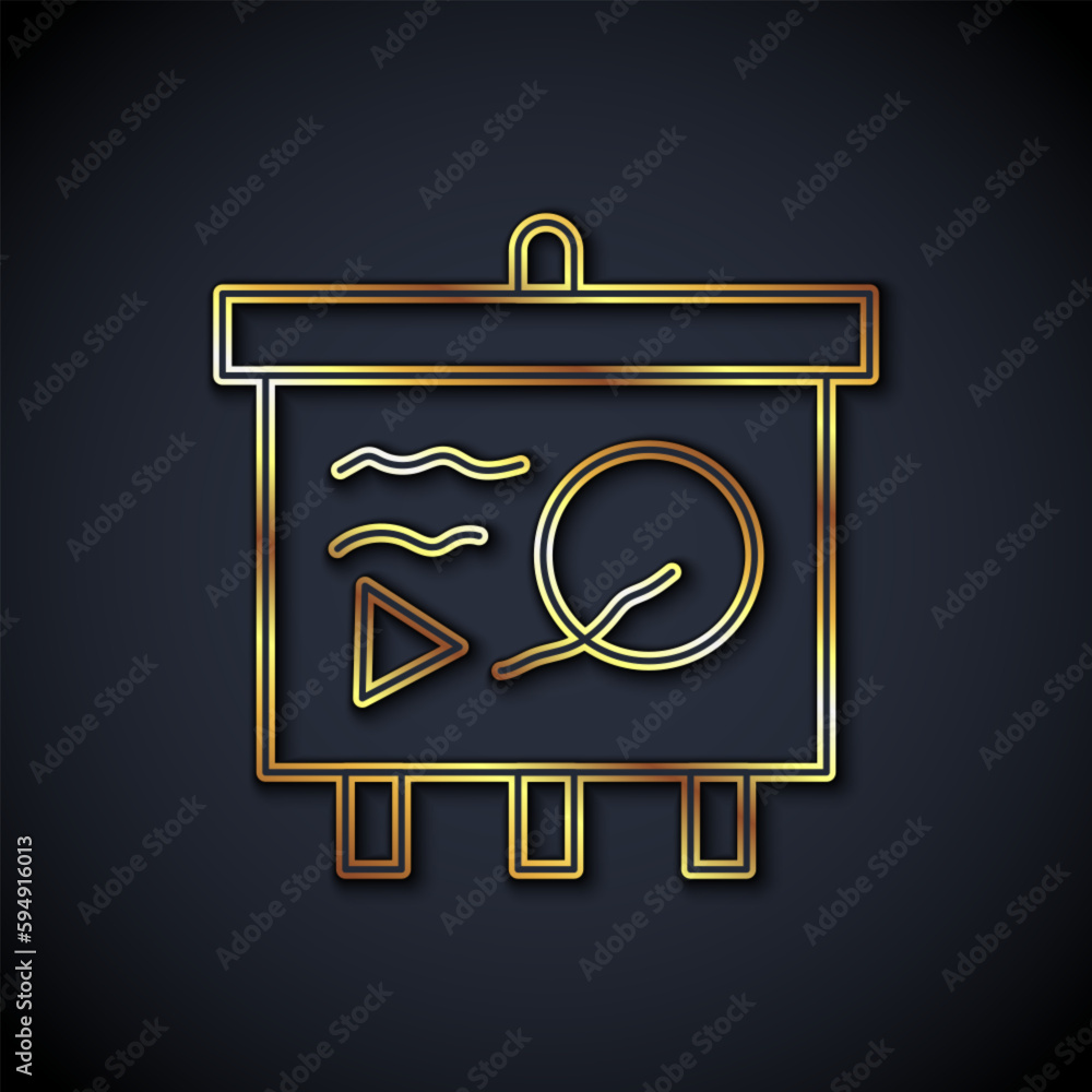 Poster gold line scenario on chalkboard icon isolated on black background. script reading concept for art p