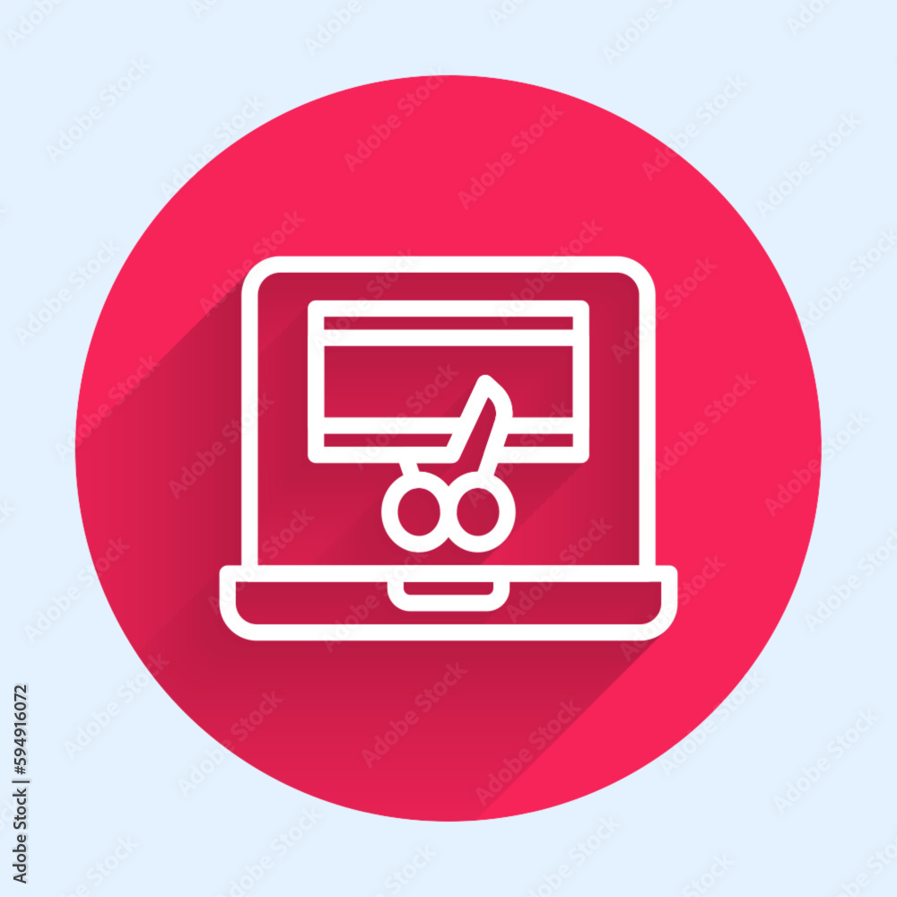 Poster white line video recorder or editor software on laptop icon isolated with long shadow. video editing