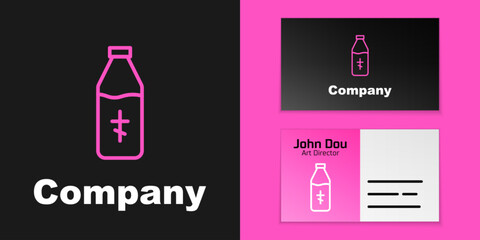 Pink line Holy water bottle icon isolated on black background. Glass flask with magic liquid. Logo design template element. Vector