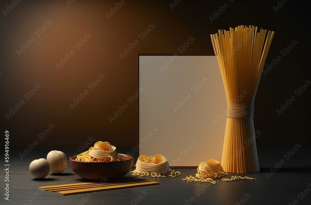 Poster noodles in a bowl on a table with blank area for text generative ai
