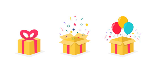 Set of gift boxes. Gift boxes with confetti. Vector illustration for surprise, festive event, gifts, birthday, Christmas. Emotional gift. Surprise in box. Open and closed yellow box with red ribbon.