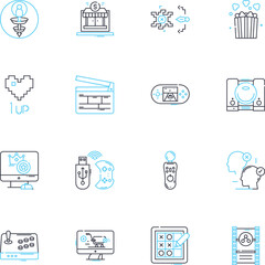 Film and music industry linear icons set. Soundtrack, Score, Blockbuster, Remix, Streaming, Vinyl, Boxoffice line vector and concept signs. Indie,Genre,Beat outline illustrations