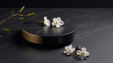 Obraz na płótnie Canvas Marble Black Gold Table Top, Round Podium Pedestal, Abstract Cosmetic Beauty Background. Showcase Product Mock up Display, Back Drop, Empty Luxury Presentation Scene with Spring Flowers. Generative AI