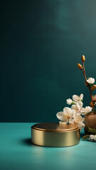 Blue Teal Gold Table Top Round Podium Pedestal, Abstract Cosmetic Beauty Background. Showcase Product Mock up Display, Back Drop, Empty Luxury Presentation Scene with Spring Flowers. Generative AI