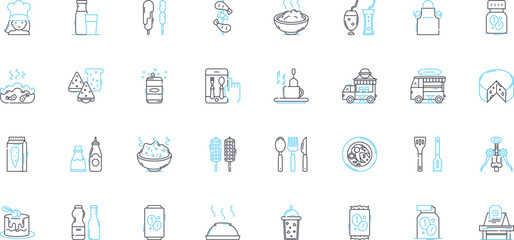 Culinary choices linear icons set. Gourmet, Fusion, Vegan, Gluten-free, Spicy, Ethnic, Artisanal line vector and concept signs. Organic,Locally-sourced,Farm-to-table outline illustrations