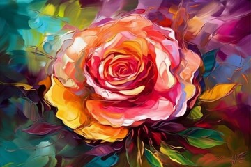 Obraz na płótnie Canvas Colorful flower rose for canvas print interior wall decor. Bright background, close-up. AI generated. Generative AI