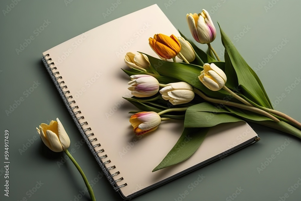 Poster tulips in a vase with a blank notebook generative ai