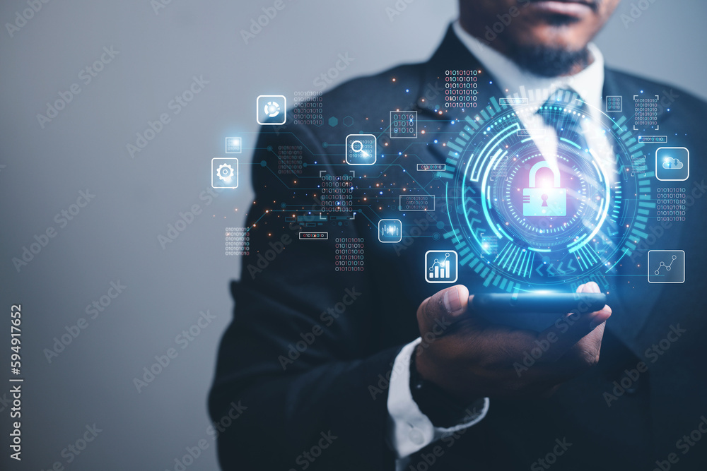 Poster cybersecurity concept business man shows how to protect cyber technology network from attack by hack