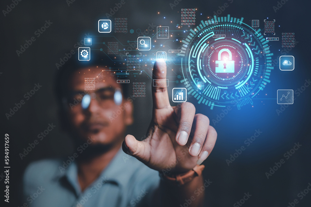 Poster cybersecurity concept business man shows how to protect cyber technology network from attack by hack