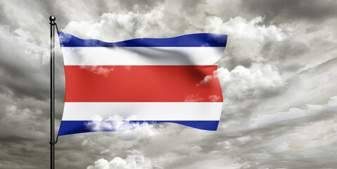 Costa Rica national flag cloth fabric waving on beautiful sky grey Background.